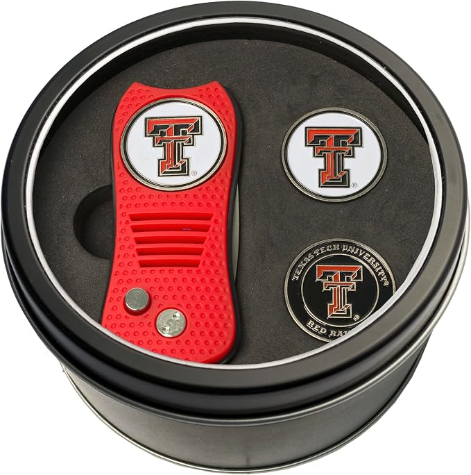 Team Golf NCAA Gift Set Switchblade Divot Tool with 3 Double-Sided Magnetic Ball Markers, Patented Single Prong Design, Causes Less Damage to Greens, Switchblade Mechanism