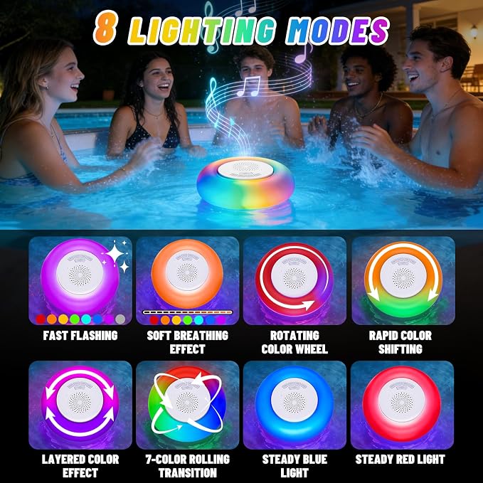 2 Pack Floating Pool Lights with Bluetooth Pool Speaker, 2-in-1 RGB Pool Lights, IP68 Waterproof, 360° Hi-Fi Sound for Pool, Hot Tub and Outdoor Parties