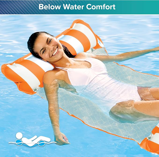 Aqua Original 4-in-1 Monterey Hammock Pool Float & Water Hammock – Multi-Purpose, Inflatable Pool Floats for Adults – Patented Thick, Non-Stick PVC Material – Orange/White Stripe