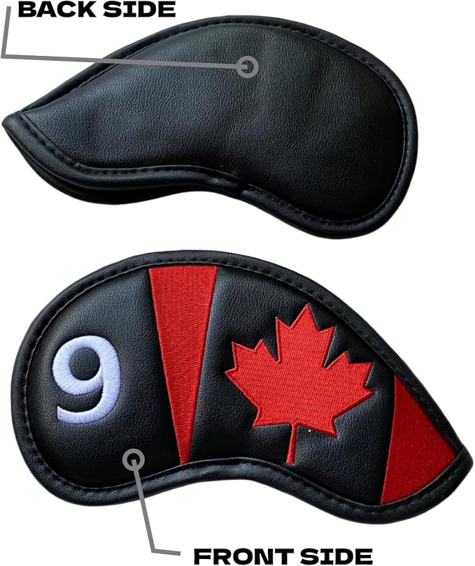 Canadian Flag Golf Iron Head Covers Headcovers Set Black Synthetic Leather Golf Iron Covers for Golf Clubs | 10Pack #4-9 Iron Covers, Aw, Sw, Pw, Xw Wedge Covers