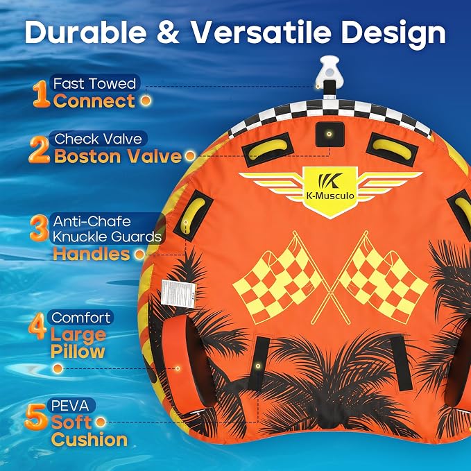 Towable Tubes for Boating - 2-3 Person Shark Battle Tank, Boat Tubes & Towables, EVA Foam Pads, Drainage, Super Safe Handle, Quick Connector