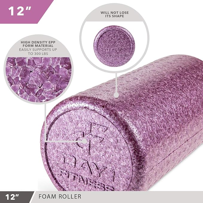 High Density Muscle Foam Rollers by Day 1 Fitness - Sports Massage Rollers for Stretching, Physical Therapy, Deep Tissue, Myofascial Release - Ideal for Exercise and Pain Relief – Solid Purple, 12”