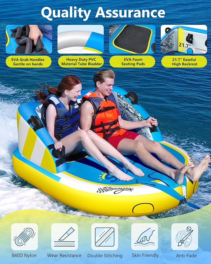 2025 Upgrade Towable Tubes for Boating 1-3 Riders Inflatable Water Sport Towable Tube for Boat Heavy Duty Nylon Cover with Zipper Bolster Fins Safety Air Valve Padded Handle