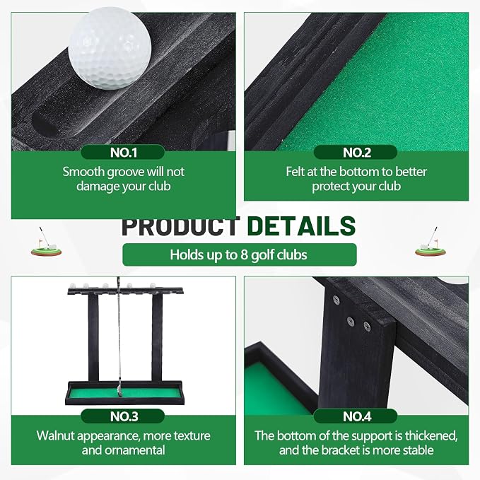 Blosssound Golf Putter Stand for 8 Clubs & 12 Balls Wooden Golf Club Holder Golfs Rack Display Organizer Storage with Artificial Grass Mat for Sports Indoor Home Garage Accessories