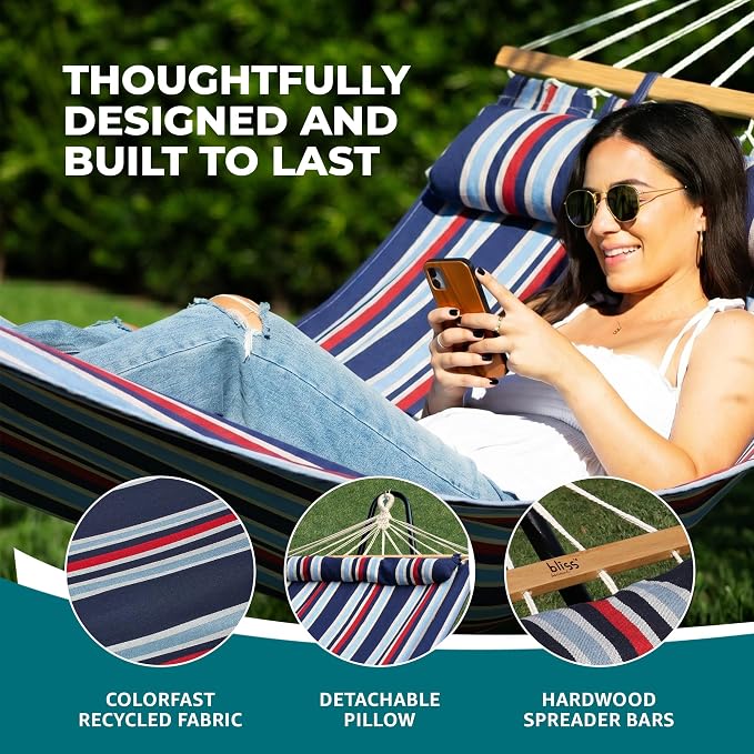 Bliss Hammocks BH-404C 48in Wide Caribbean Hammock w/Pillow, Outdoor Poolside Patio Backyard Hammock, Includes Velcro Straps & Chains, Eco Friendly Polyester & Cotton Blend, 265lb Capacity, Patriot