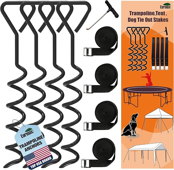 EURMAX USA 4-Pack Windproof Trampoline Stakes Anchor Kit-Steel Corkscrew Anchor,Heavy Duty Tie Down Kit with T-Hook&Reinforced Safety Straps,Secure Weatherproof Protection for Trampoline,Tent&Playset