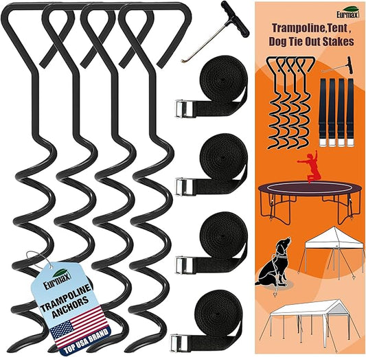 EURMAX USA 4-Pack Windproof Trampoline Stakes Anchor Kit-Steel Corkscrew Anchor,Heavy Duty Tie Down Kit with T-Hook&Reinforced Safety Straps,Secure Weatherproof Protection for Trampoline,Tent&Playset