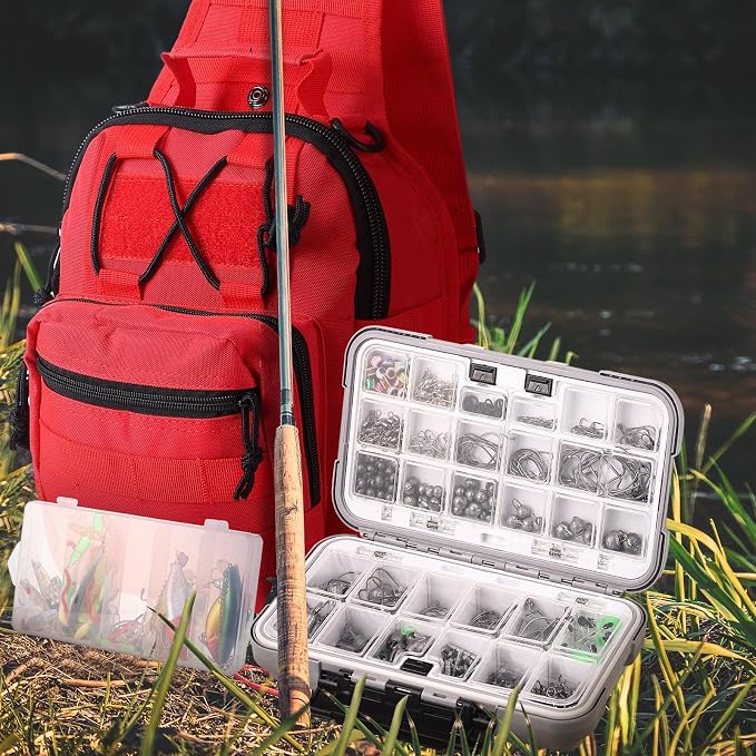Sosation 482 Pcs Fishing Sling Tackle Bag Set Fish Tackle Box Backpack Storage Fishing Gear and Equipment Included Fish Hook Remover Tool Lures Lip Gripper, Gift for Men