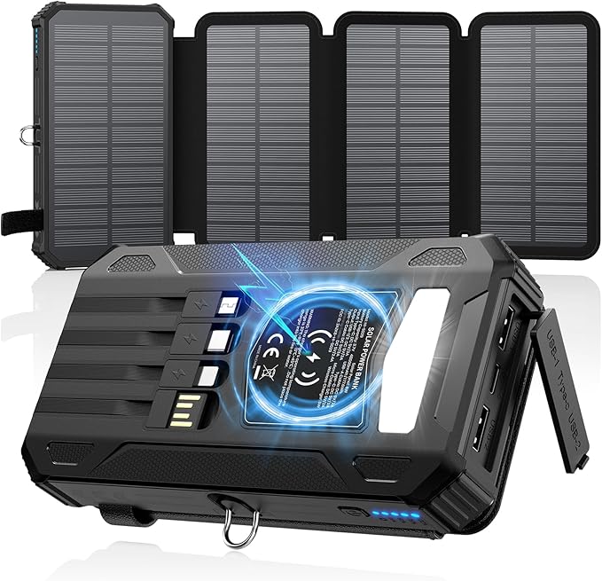 SOARAISE Solar Charger Power Bank 48000mAh PD QC 3.0 Fast Charging Wireless Portable Charger with 4 Solar Panels and 4 Cables, USB C Battery Pack for Cell Phone with Camping Flashlight, Carabiner