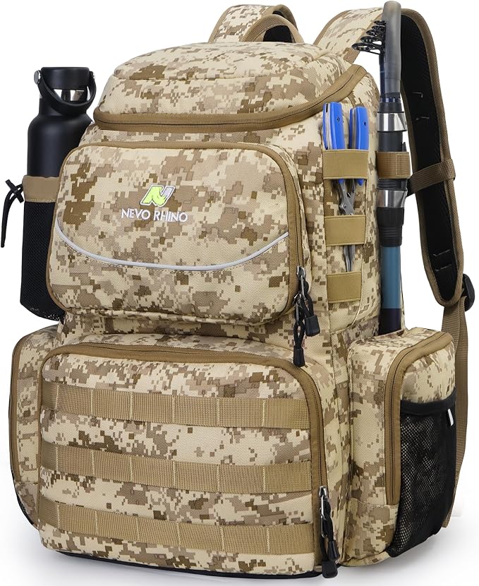 N NEVO RHINO Fishing Tackle Backpack with Rod Holders, 40L Large Fishing Bag with Waterproof Rain Cover,Outdoor Tackle Bag