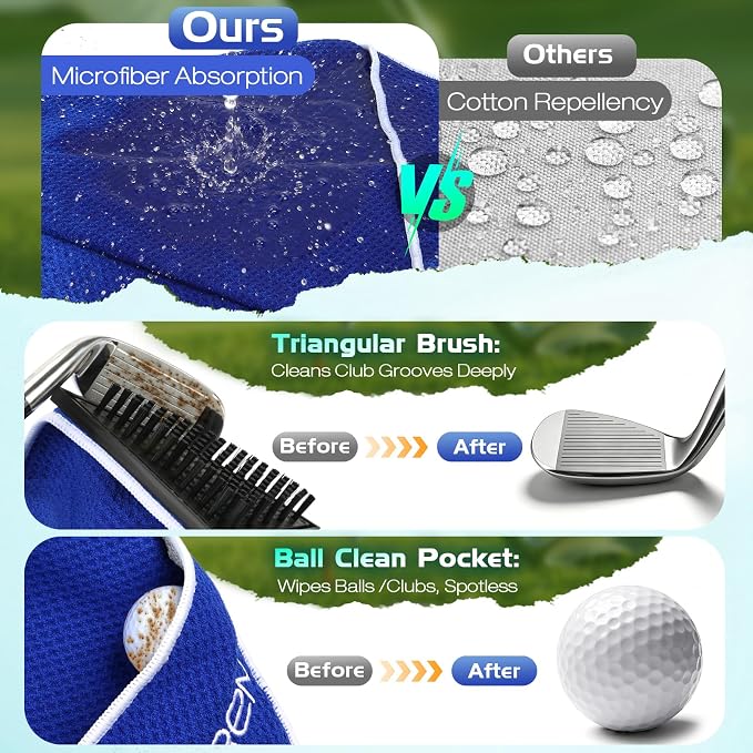 Magnetic Golf Towel with Brush & Cleaning Pocket, 4-in-1 Golf Cleaning Kit 3 Stage Cleaning System Golf Club Cleaning Kit, Microfiber Waffle Golf Accessories 15.7" X 23.6", Blue