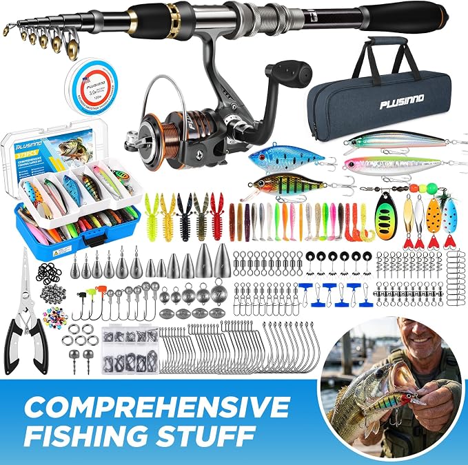 PLUSINNO Fishing Rod and Reel Combo Pole Gear Kit Telescopic Beginner | Portable All-in-One Fishing Equipment, with Freshwater Bass Trout Lures Kit Floating Net, with Carrying Case, Gifts for Men