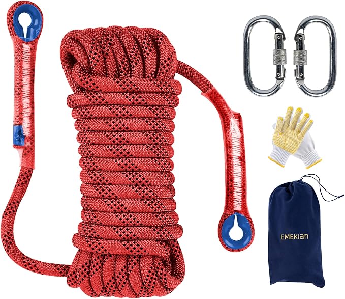 Indoor Outdoor Climbing Rope, 10/12/14mm (32FT/49FT/65FT/98FT) Static Rock Climbing Rope for Escape Rope, Ice Climbing Equipment, Fire Safety Rescue Rope, with Non Slip Gloves