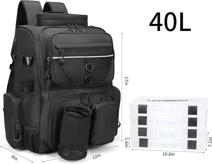 Fishing Tackle Backpack With Rod Holders, Large 40L Fishing Backpack for Camping, Hiking