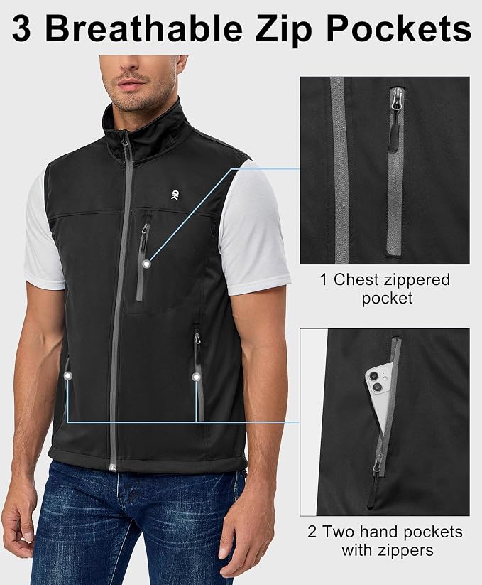 Little Donkey Andy Men's Lightweight Softshell Vest, Windproof Sleeveless Jacket for Running, Hiking, Cycling, Golf
