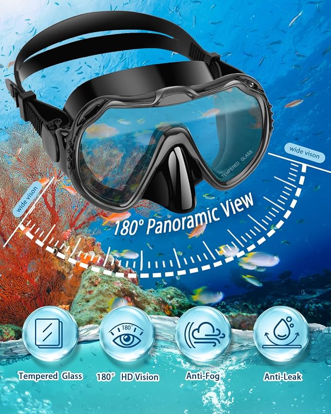 Snorkeling Gear for Adults, Adult Snorkel Set with Panoramic Anti-Leak and Anti-Fog Tempered Glass Snorkel Mask, Dry Top Snorkel, Snorkle Mask Set Adult with Mesh Bag Ear Plug for Snorkeling