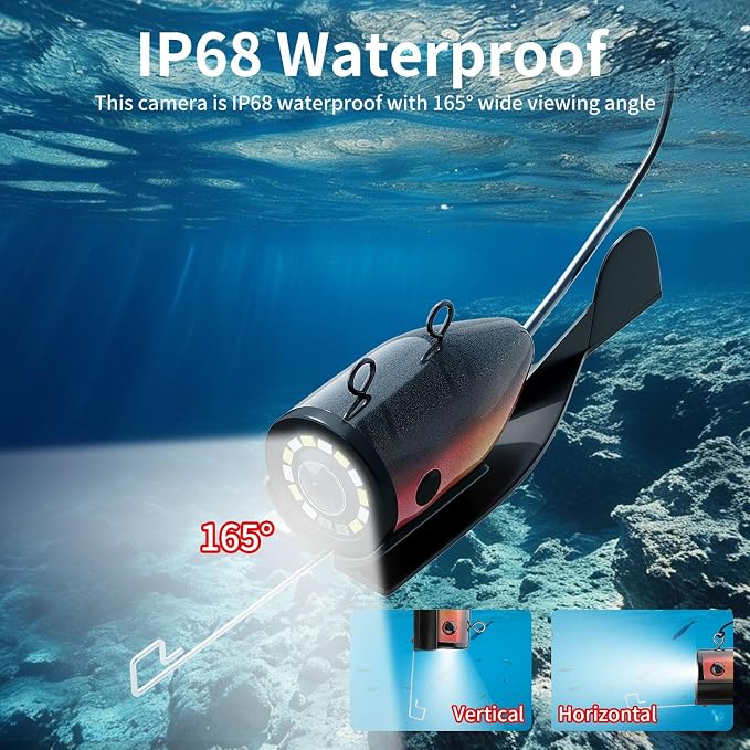Underwater Fishing Camera, 7 inch HD IPS Monitor 1200TVL IP68 Wateproof Camera with 6 Pcs LED Lights + 6 Pcs IR Infrared Lights, 165°Wide Angle for Ice, Boat and Lake Fishing(50 FT/15 M)