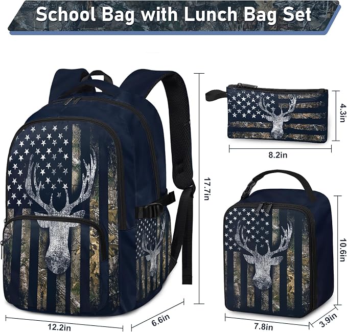 Camo Deer Backpack Set for Boys, Kids Camo School Backpack with Lunch Box Pencil Bag, with for Students