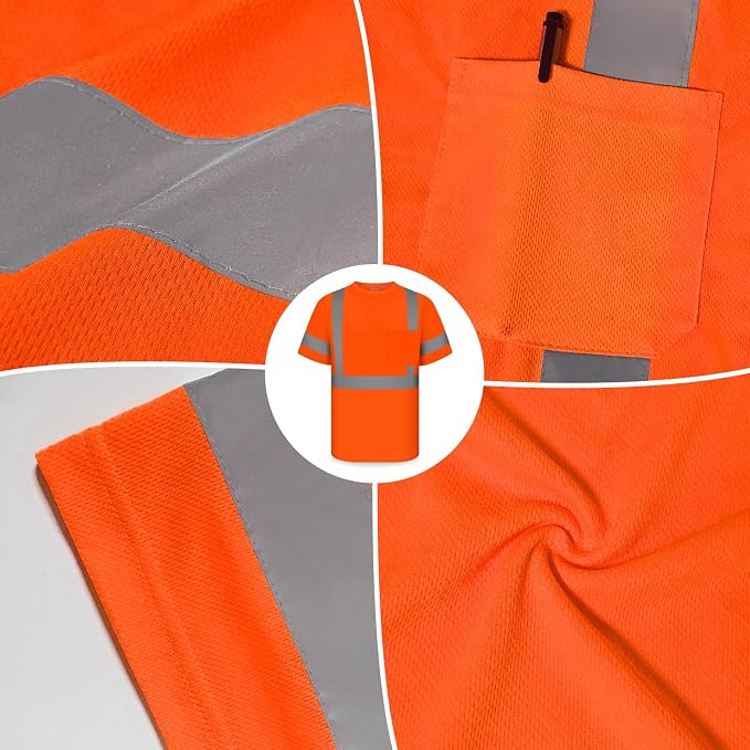 TCCFCCT Hi Vis Shirts for Men Class 3 High Visibility Shirt with Short Sleeves, Reflective Safety Shirts for Men, Construction Work Shirts with Reflective Strips, Durable &Breathable, DC-Orange XL
