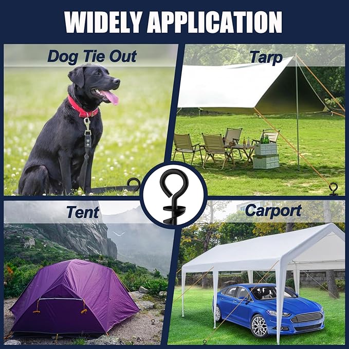 Eurmax USA 4 Pack Heavy Duty Ground Stakes,Industrial Grade Spiral Steel Screw-In Anchors with 4 Bonus Tie-Down Ropes,High Wind Stabilizing Kit for Trampolines,Dog Tie-Out,Canopies,Outdoor Sheds,Black