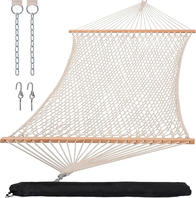 SUNCREAT Double Rope Hammock with Spreader Bar, Carrying Bag, 450 lbs Capacity, Two Person Hammock with Tree Hooks, Beige