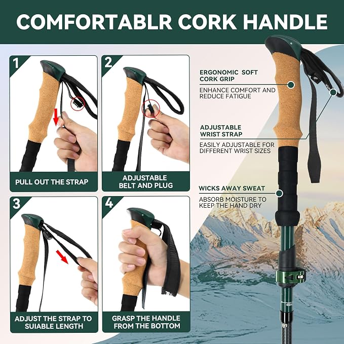 Carbon Fiber Trekking Poles - Lightweight Collapsible Hiking Poles, 2 PCS Nordic Hiking Sticks for Travel, Backpacking Walking Sticks for Men, Women, Seniors with Cork Grip & Quick-Lock System