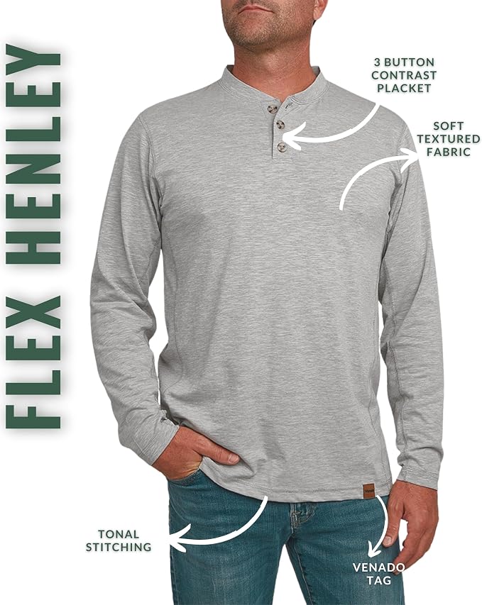 Venado Henley Long Sleeve Shirts for Men - Mens Henley with Flex Material
