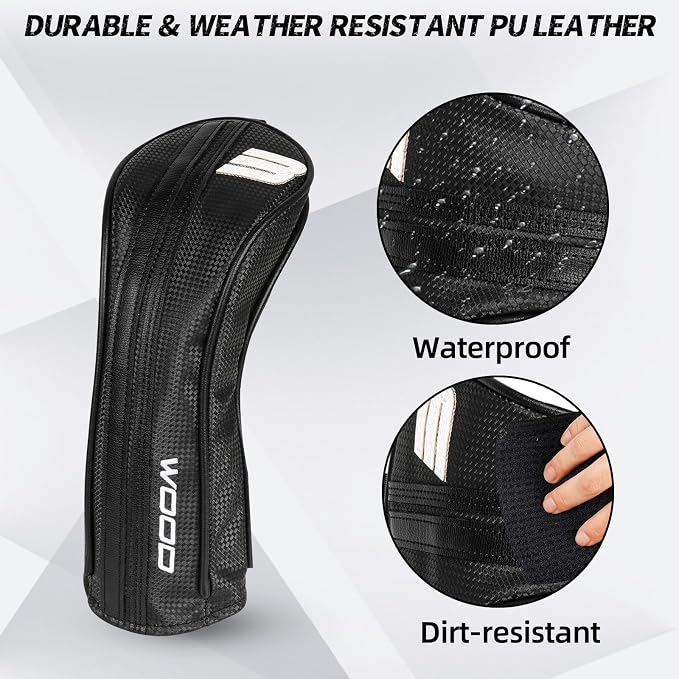 Golf Club Head Covers for Driver Fairway Woods Hybrid, Premium PU Leather Golf Head Covers with Carbon Fiber Pattern, Interchangeable Number Tags, Waterproof Golf Club Covers Set for Men Women