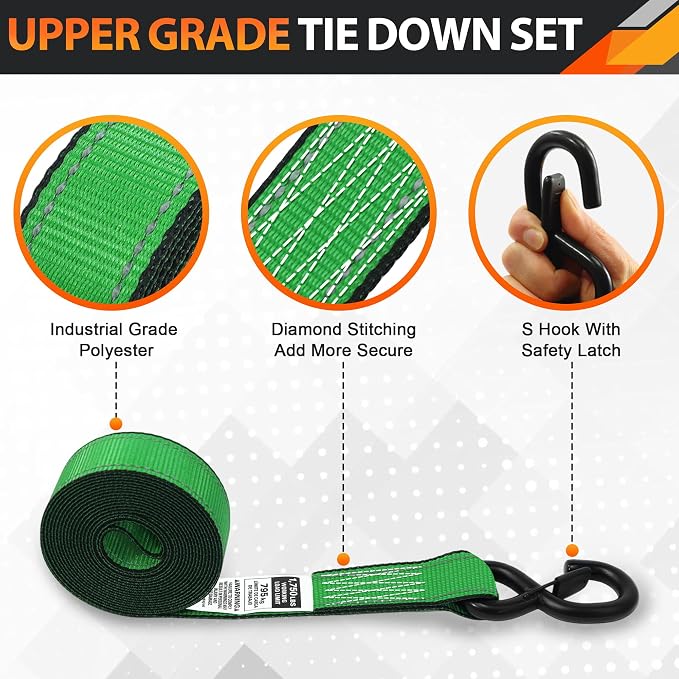 Ratchet Tie Down Straps Set, 5250 LBS Breaking Strength, 4 Pack 1.5" x 15' Heavy Duty Ratchet Straps, Cargo Strap, Motorcycle Straps for Trucks, Bicycle, Kayak, Moving, Tie Downs with S Hooks, Green