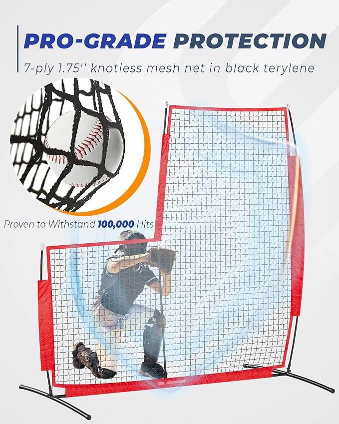 Baseball L Screen for Batting Cage, 7x7ft Pitcher Protector Net for Pitchers Protection, Includes Portable Carry Bag, 4 Ground Stakes