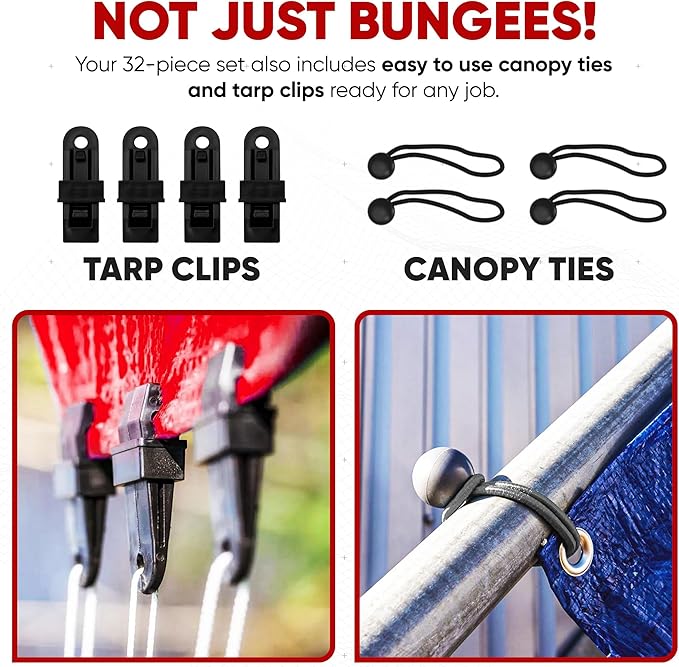 FORTEM Bungee Cord Assortment, 32pk Bungee Cords Multi Pack, Includes 10", 18", 24", 32", 40" Bungees and 8" Canopy/Tarp Ball Ties, Plastic Coated Metal Hooks