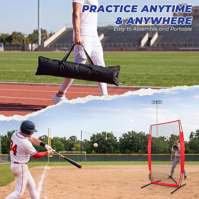 7x4FT Baseball Pitching Screen, Quick Setup Pitching Net for Pitchers Protection, Portable Baseball I Screen for Fields Batting Cages with Carry Bag