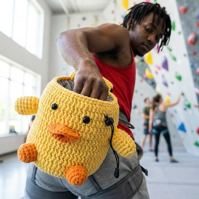 Handmade Crochet Rock Climbing Chalk Bag, Fun Plush Animal Chalk Pouch with Drawstring, Adjustable Waist Belt for Indoor Outdoor Bouldering Sport Climbing