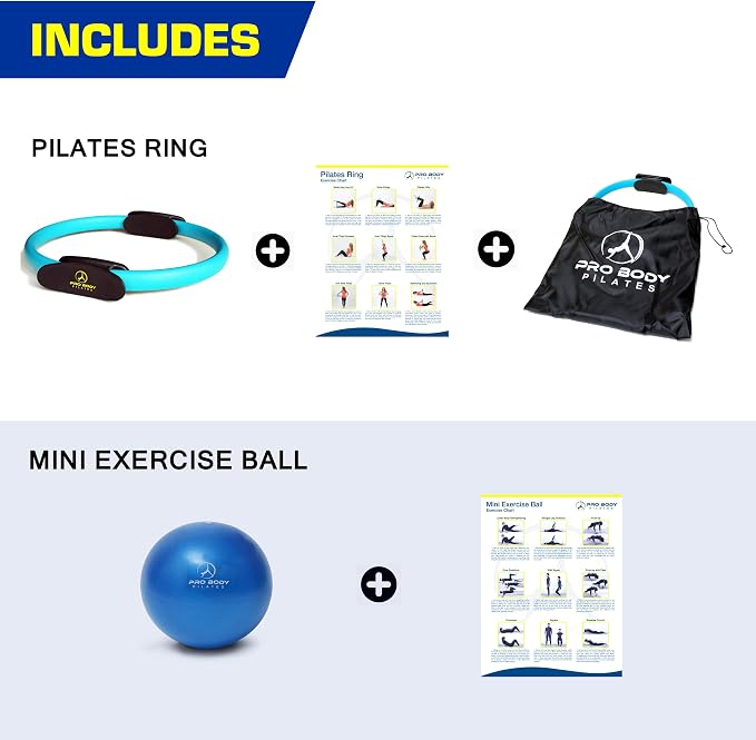 ProBody Pilates Ring and Mini Exercise Ball (2 pcs) - Magic Circle and Barre Ball Bundle for Stability, Barre, Yoga, Core Training and Physical Therapy