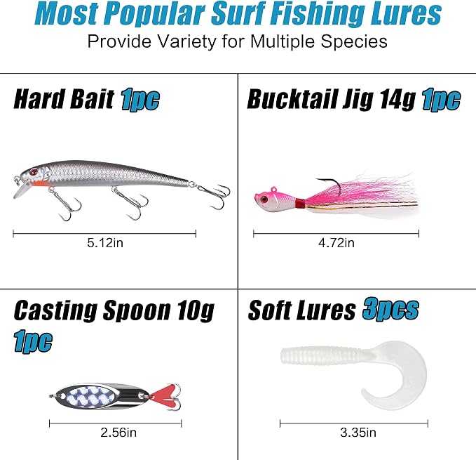 Surf Fishing Tackle Kit, 173pcs Saltwater Fishing Gear with Pyramid Sinkers Fish Finder Rigs High-Low Rigs Pompano Rigs Wire Leaders Hooks Bucktail Jig Lures for Striper Flounder Catfish