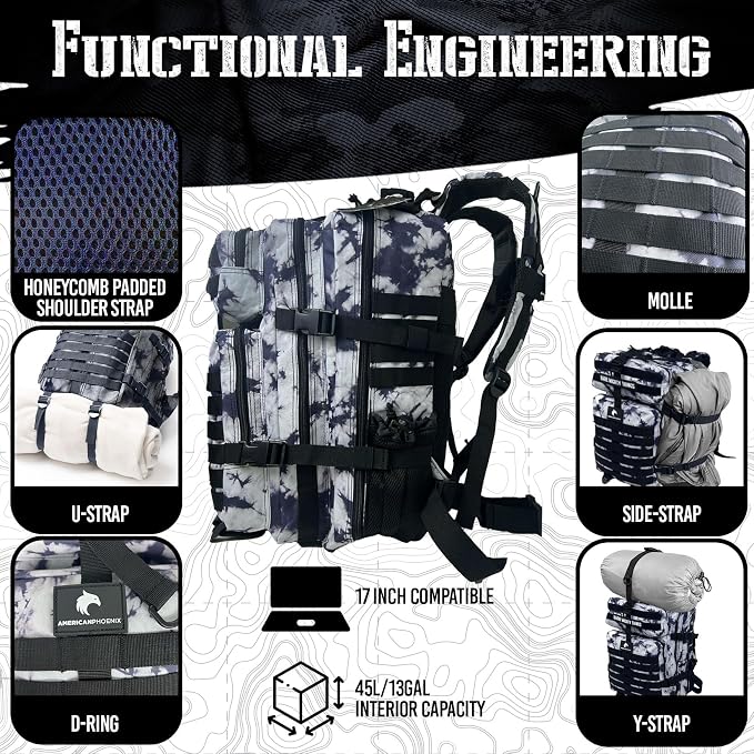 AMERICANPHOENIX 45L Elite Tactical Backpack | 3X Stronger Work & Military Backpack | Water Resistant and Heavy Duty | 3 Day MOLLE Bug Out Bag (Black Ice)