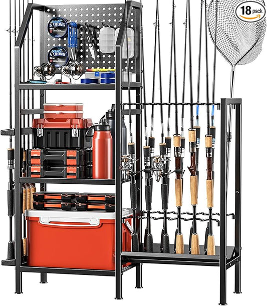 POKIPO Fishing Rod Holders for Garage,Fishing Rod Rack Storage up to 18 Rods,3 Tier Adjust Heavy Duty Metal Fish Pole Stand Organizer with Pegboard for Fishing Gear and Equipment Accessories