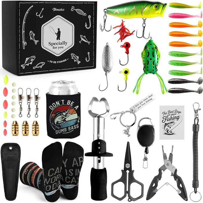 Fishing Gifts for Men Unique, Fishing Gear Accessories Gift for Men, Fisherman Gifts for Grandpa Dad, Fish Tool Kit Gift Set for Fisherman, Gear Kit with Lip Gripper, Pliers, Lures