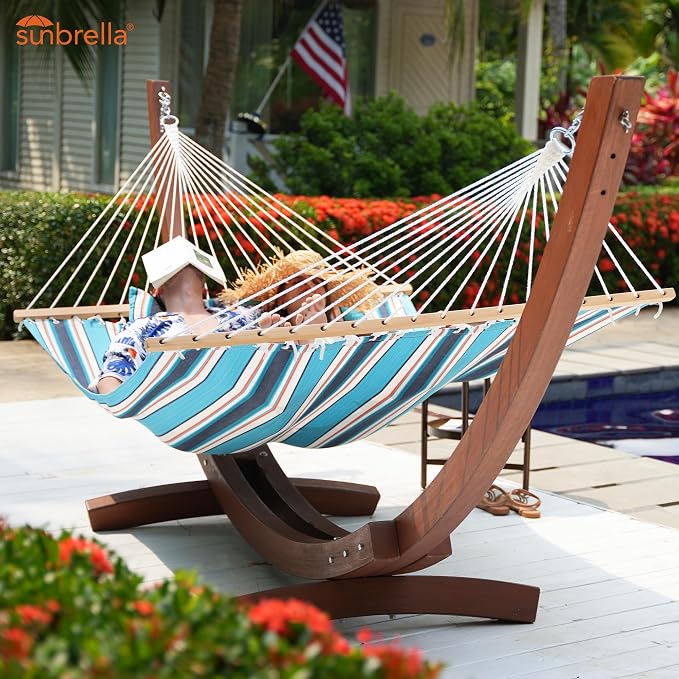 Lazy Daze Hammocks 12 FT Sunbrella Fabric Hammock Non-Fading with Spreader Bars and Free Pillow Fits for 2 Persons, All Weather and Fade Resistant for Patio Yard, 450 lbs Capacity, Token Surfside