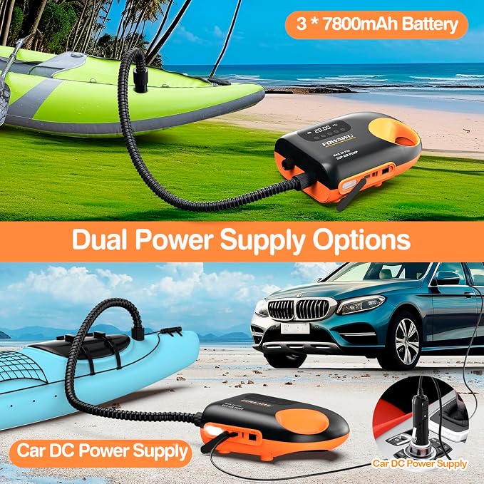 FOWAWU Paddleboard Pump, Sup Pump Electric DC 12V Car Connector, Paddle Board Pump Intelligent Dual Stage Inflation & Deflation