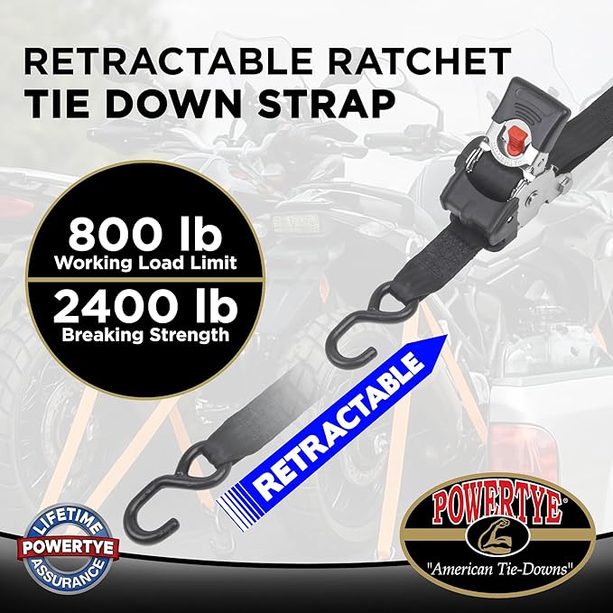 PowerTye - 2 inch x 10ft Long Retractable Ratchet Tie Down Strap with Latch-Hooks - Self-Retracting Ratchet, 800 lb W.L.L., Ideal for Motorcycle, ATV, Cargo, Includes Bag & Soft-Tyes, Black (Pair)
