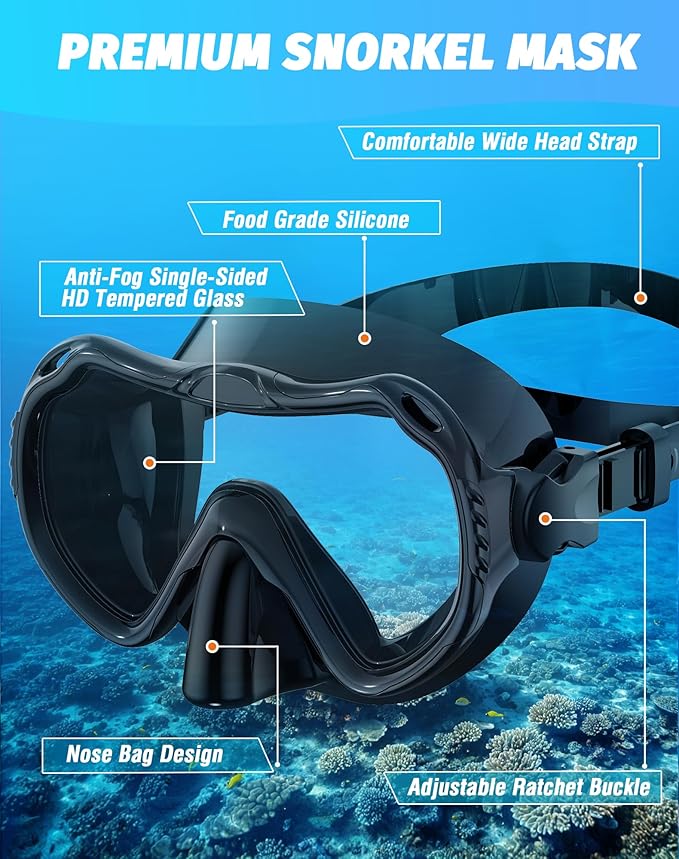 Snorkeling Gear for Adults, Snorkel Mask Set 180° Panoramic View Snorkel Gear, 100% Food-Grade Silicone Anti-Fog Anti-Leak Dry Top Diving Mask for Snorkeling Swimming Scuba Diving
