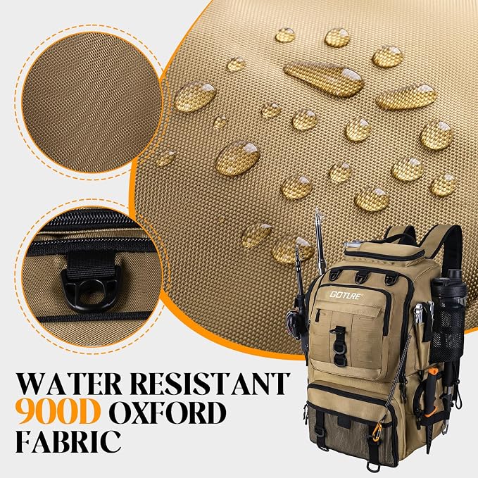 Goture 40L Fishing Tackle Backpack with Cooler Compartment Khaki, Water-Resistant Fishing Gear Bag & Rain Cover & 3600 Trays