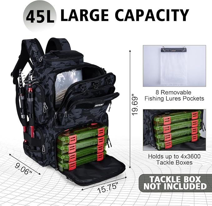 Goture Fishing Backpack,900D Water-Resistant Tackle Backpack with Rod Holders, SBS Zippers,45L Large Fishing Bag Storage Gear Tackle Bag with Rain Cover, Bottle Holder for Travel Camping Hiking