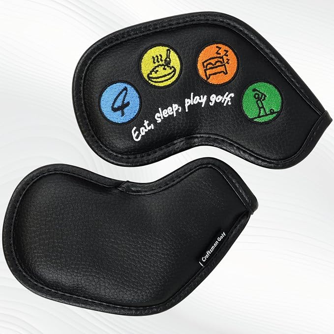 Craftsman Golf 10pcs Funny Eat Sleep Golf Magnetic Closure Classic Black Synthetic Leather Iron Headcover Covers Set Travel Cases Protector