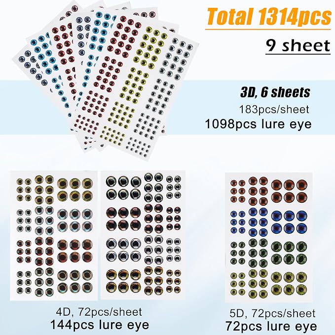 1314 Pieces Fishing Lure Eyes 3D 4D 5D Realistic Eyes Stickers for Making Fishing Bait DIY Fly Tying Streamers Lures Crafts 3/4/5/6/8/10mm