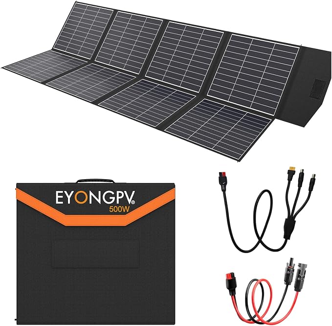 EYONGPV 500W Portable Solar Panel, 26% HPBC Cells, Foldable Solar Charger, 15ft (4.5m) Cable, 30A Anderson Output, IP65 Waterproof for RV Camping, for EcoFlow, Anker, Jackery, Bluetti Power Station