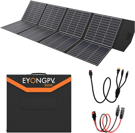 EYONGPV 500W Portable Solar Panel, 26% HPBC Cells, Foldable Solar Charger, 15ft (4.5m) Cable, 30A Anderson Output, IP65 Waterproof for RV Camping, for EcoFlow, Anker, Jackery, Bluetti Power Station