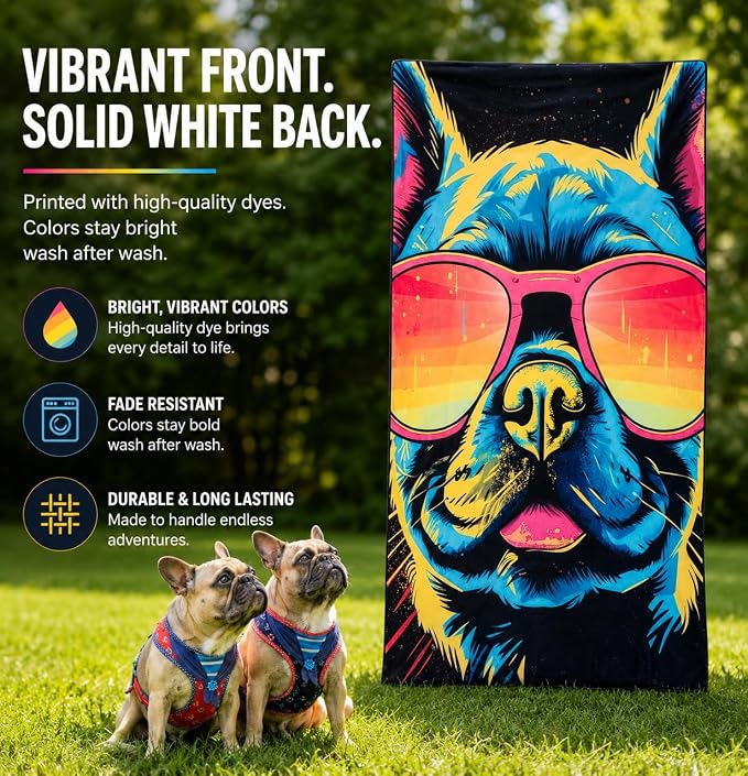 Microfiber Happy French Bulldog in Sunglasses Colorful Beach Towel for Women, Girls, Kids, Men, Plush Beach Towel, Quick Dry Pool Towel Super Soft, Oversized 31x62 Inches