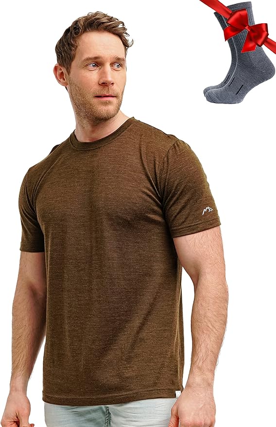 Merino Wool T-Shirt Mens - Merino Wool Undershirt Thermal Shirt for Men and Hiking Socks